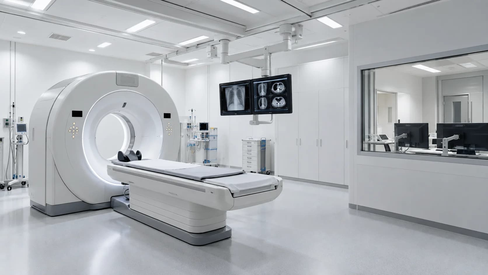Salle de radiologie, double écran de lecture suspendu à côté du scanner